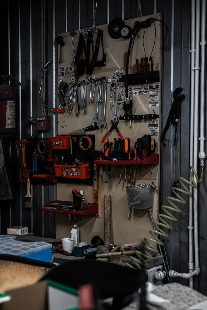 Well-organized garage workshop with tools neatly arranged